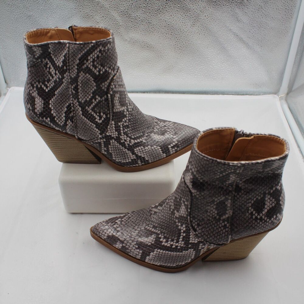 Express Women's Size 6 Faux Snakeskin Stacked Heel Western Ankle Booties Gray